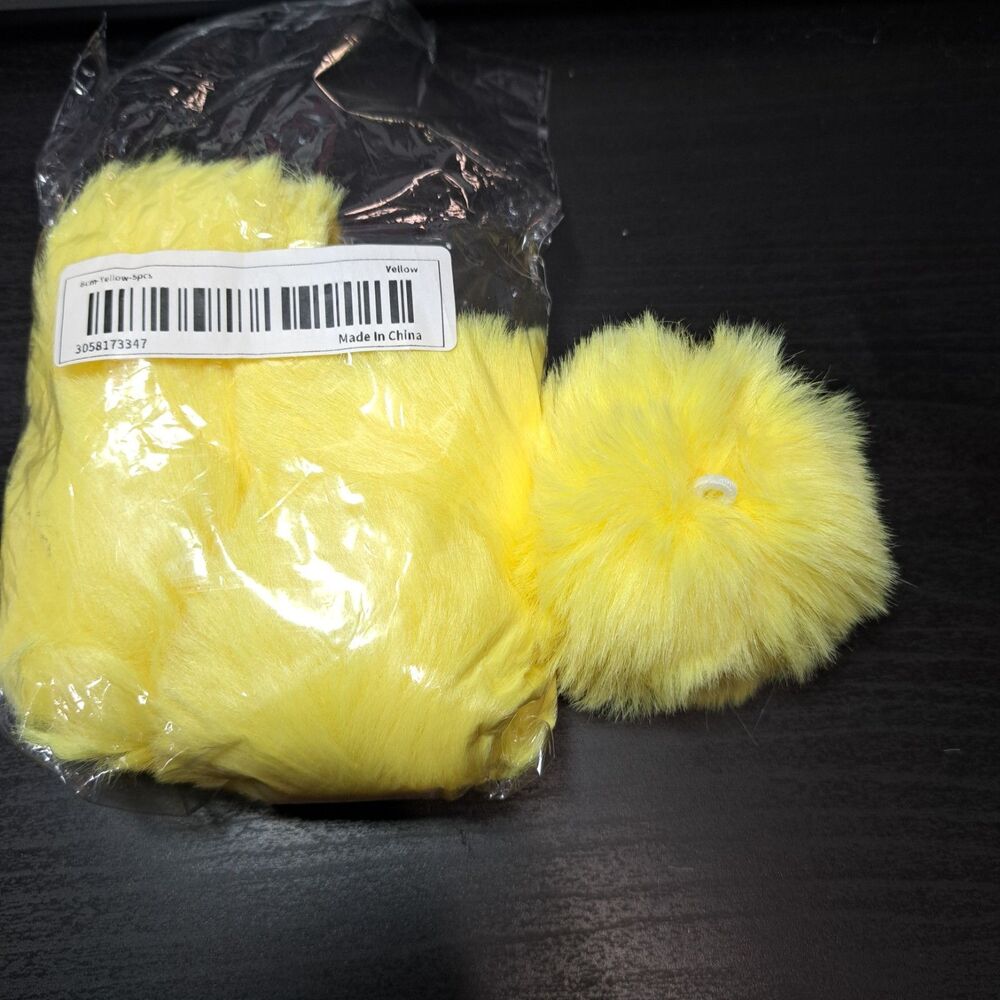 5 YELLOW: 8cm Faux Rabbit Fur Pom Balls W Elastic Loop for keychains, hats